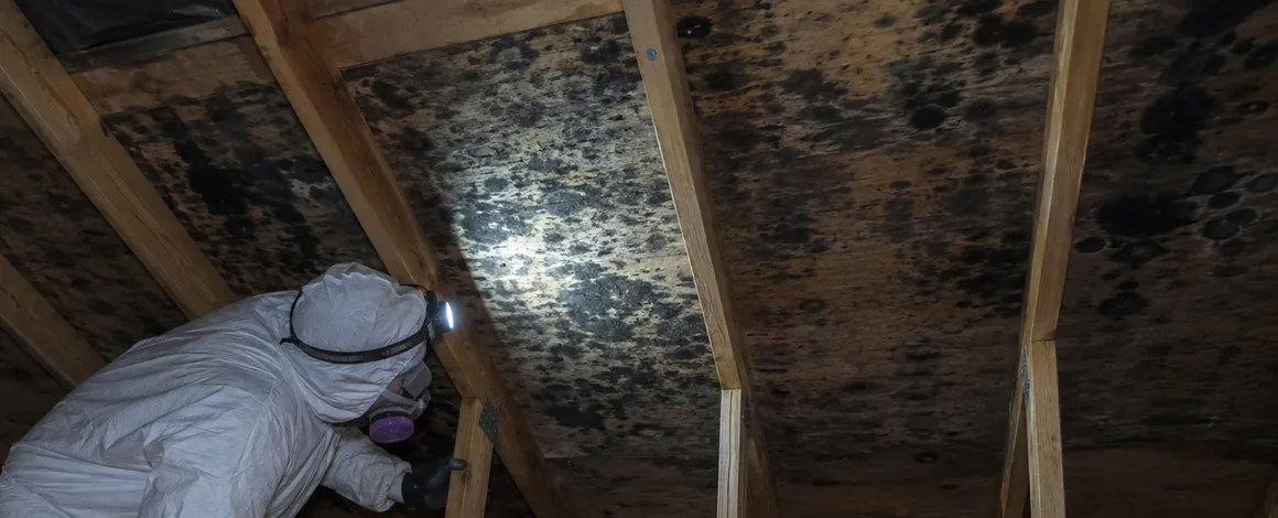 Attic sheathing with mold growth being remediated in a Northern Colorado house