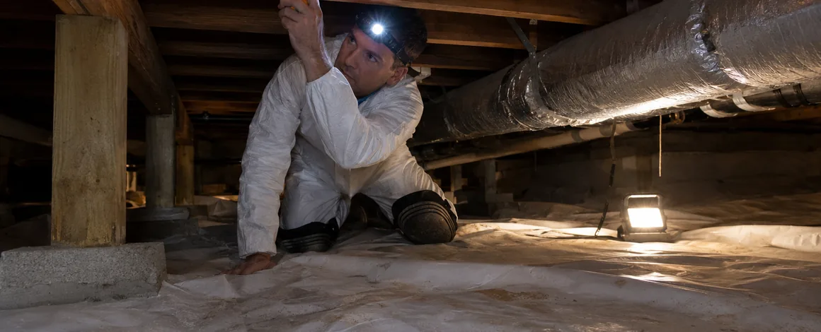Inspector taking moisture readings under a home during a mold assessment