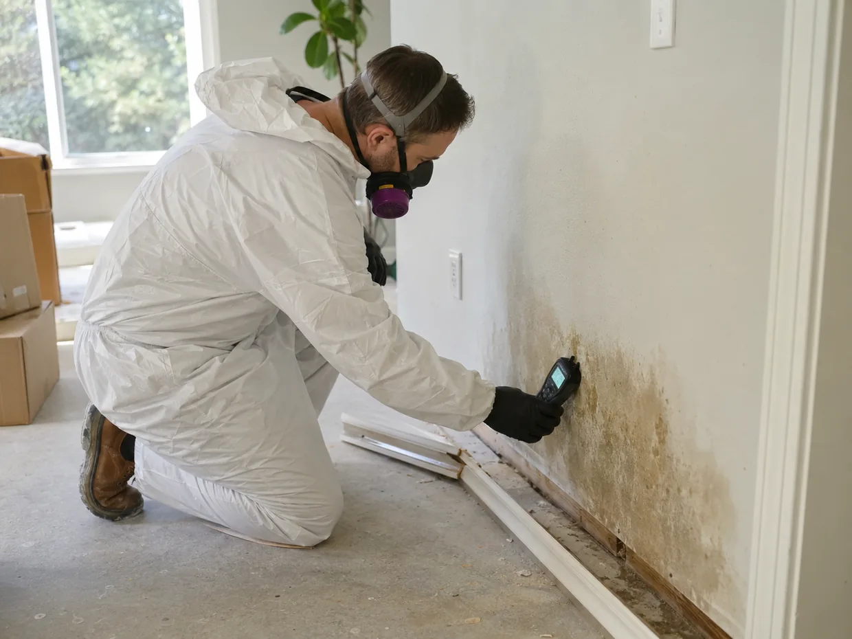Mold removal technician inspecting a stained interior wall in a Fort Collins home